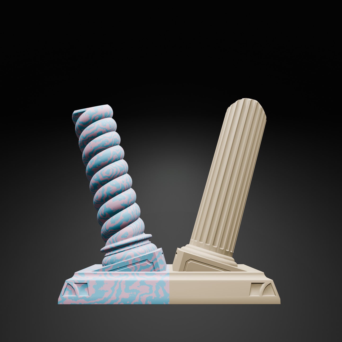 Render eines Boxhandschuhhalters von Nertas. Er zeigt die beiden Varianten der Individuellen Boxhandschuhständergestaltung: Marmoriert und Einfarbig.