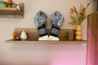 Weißer Nertas Boxhandschuhhalter/ Boxhandschuhständer mit der Edelstahl Personalisierung. Zu sehen mit Boxhandschuhen auf einem Regalbrett mit Deko.